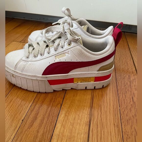 Puma Big Kids Size 4 Mayze Glitz Platform Sneakers White Gold Red - Picture 5 of 9